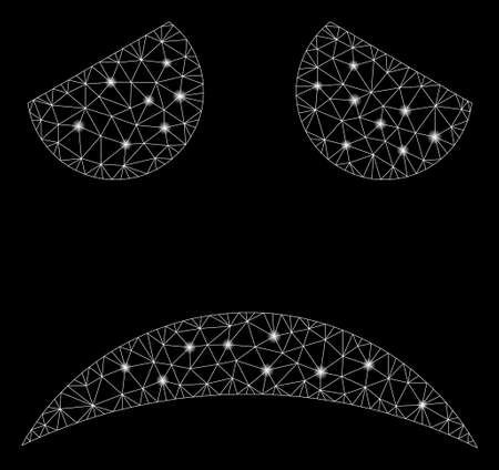 Flare mesh sad face smiley with glare effect. Abstract illuminated model of sad face smiley icon. Shiny wire carcass triangular mesh sad face smiley. Vector abstraction on a black background.のイラスト素材
