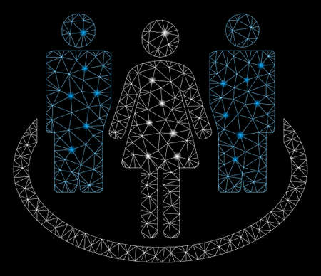 Glowing mesh society with sparkle effect. Abstract illuminated model of society icon. Shiny wire carcass triangular mesh society. Vector abstraction on a black background.のイラスト素材