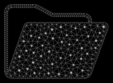 Bright mesh open folder with lightspot effect. Abstract illuminated model of open folder icon. Shiny wire frame polygonal mesh open folder. Vector abstraction on a black background.のイラスト素材