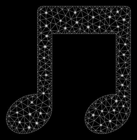 Flare mesh music notes with lightspot effect. Abstract illuminated model of music notes icon. Shiny wire carcass polygonal mesh music notes. Vector abstraction on a black background.のイラスト素材