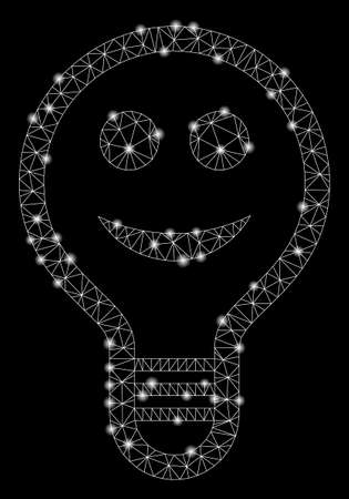 Glowing mesh smile bulb with sparkle effect. Abstract illuminated model of smile bulb icon. Shiny wire carcass polygonal mesh smile bulb. Vector abstraction on a black background.のイラスト素材