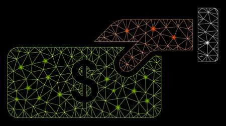Glowing mesh pay with sparkle effect. Abstract illuminated model of pay icon. Shiny wire carcass polygonal mesh pay. Vector abstraction on a black background.のイラスト素材