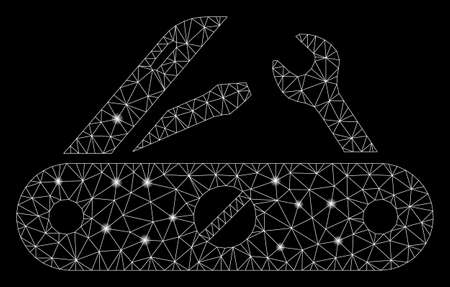 Flare mesh multitool knife with glitter effect. Abstract illuminated model of multitool knife icon. Shiny wire frame triangular mesh multitool knife. Vector abstraction on a black background.のイラスト素材