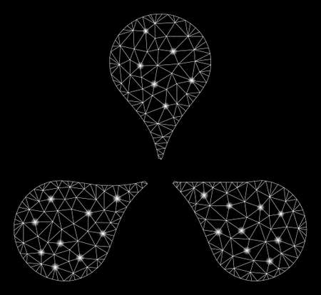 Glowing mesh map markers with glitter effect. Abstract illuminated model of map markers icon. Shiny wire carcass triangular mesh map markers. Vector abstraction on a black background.のイラスト素材