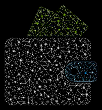 Flare mesh wallet with glitter effect. Abstract illuminated model of wallet icon. Shiny wire carcass polygonal mesh wallet. Vector abstraction on a black background.のイラスト素材