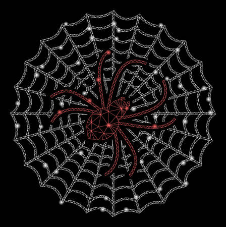 Flare mesh spider net with glitter effect. Abstract illuminated model of spider net icon. Shiny wire frame polygonal network spider net. Vector abstraction on a black background.のイラスト素材