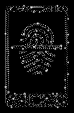 Glossy mesh smartphone fingerprint scanner with glow effect. Abstract illuminated model of smartphone fingerprint scanner icon. Shiny wire carcass polygonal network smartphone fingerprint scanner.のイラスト素材