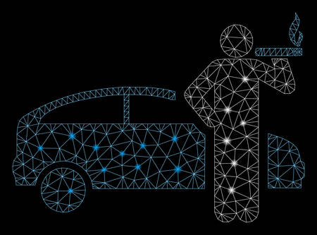 Glossy mesh smoking taxi driver with sparkle effect. Abstract illuminated model of smoking taxi driver icon. Shiny wire carcass triangular mesh smoking taxi driver.のイラスト素材