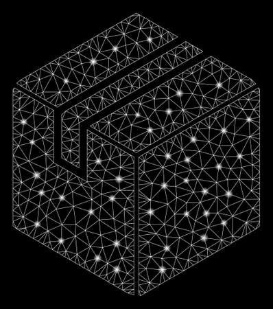 Glowing mesh package with lightspot effect. Abstract illuminated model of package icon. Shiny wire carcass polygonal mesh package. Vector abstraction on a black background.のイラスト素材