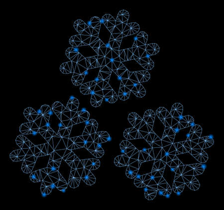 Flare mesh snow with glare effect. Abstract illuminated model of snow icon. Shiny wire frame triangular network snow. Vector abstraction on a black background.のイラスト素材