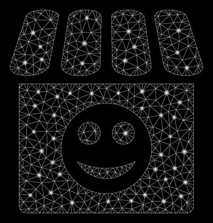 Glowing mesh smile shop with sparkle effect. Abstract illuminated model of smile shop icon. Shiny wire carcass polygonal mesh smile shop. Vector abstraction on a black background.のイラスト素材