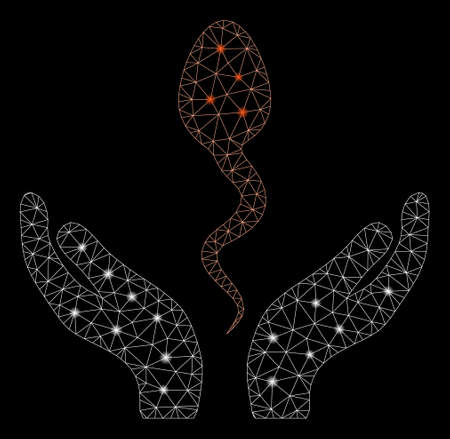 Glossy mesh sperm care hands with glow effect. Abstract illuminated model of sperm care hands icon. Shiny wire frame triangular network sperm care hands. Vector abstraction on a black background.のイラスト素材