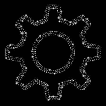 Glossy mesh outline gearwheel with glare effect. Abstract illuminated model of outline gearwheel icon. Shiny wire frame triangular mesh outline gearwheel. Vector abstraction on a black background.のイラスト素材