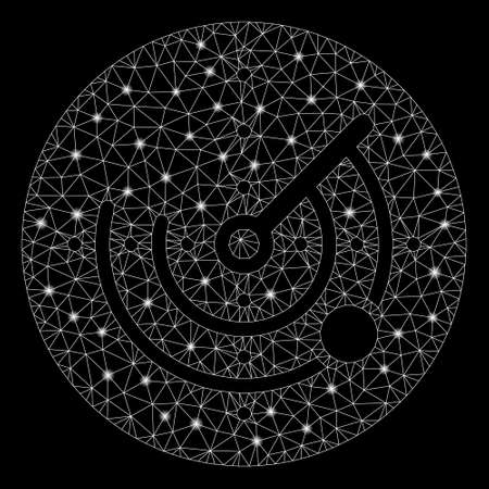 Flare mesh radar with lightspot effect. Abstract illuminated model of radar icon. Shiny wire frame triangular mesh radar. Vector abstraction on a black background.のイラスト素材