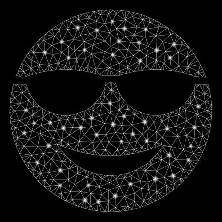 Glowing mesh sunglasses smiley with lightspot effect. Abstract illuminated model of sunglasses smiley icon. Shiny wire frame polygonal mesh sunglasses smiley. Vector abstraction on a black background.のイラスト素材
