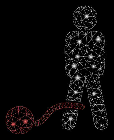 Bright mesh guilty man with sparkle effect. Abstract illuminated model of guilty man icon. Shiny wire frame polygonal mesh guilty man. Vector abstraction on a black background.のイラスト素材