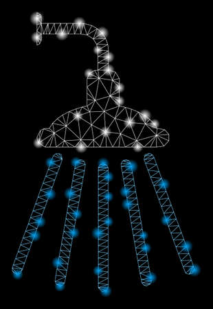 Glowing mesh shower with glitter effect. Abstract illuminated model of shower icon. Shiny wire frame polygonal mesh shower. Vector abstraction on a black background.のイラスト素材