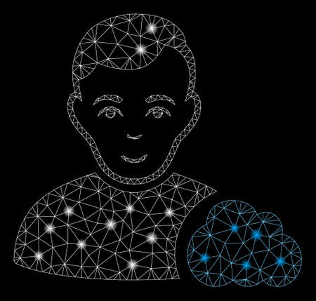 Glowing mesh user cloud with glitter effect. Abstract illuminated model of user cloud icon. Shiny wire frame triangular mesh user cloud. Vector abstraction on a black background.のイラスト素材