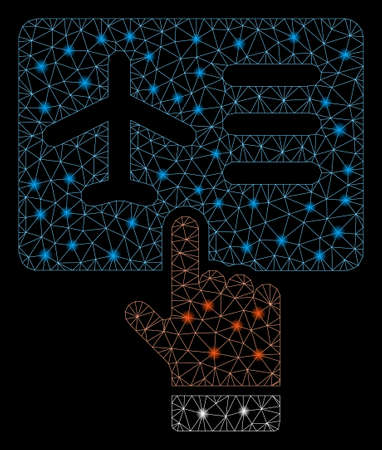 Glossy mesh airline ticket booking with glare effect. Abstract illuminated model of airline ticket booking icon. Shiny wire frame triangular mesh airline ticket booking.のイラスト素材