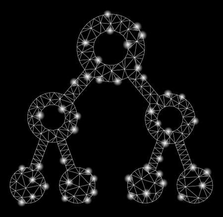 Glowing mesh binary tree with lightspot effect. Abstract illuminated model of binary tree icon. Shiny wire frame triangular mesh binary tree. Vector abstraction on a black background.のイラスト素材