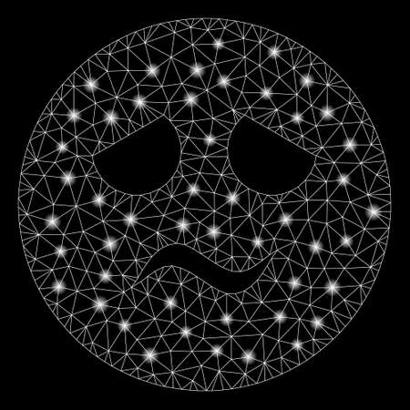 Flare mesh trouble smiley with glare effect. Abstract illuminated model of trouble smiley icon. Shiny wire frame triangular mesh trouble smiley. Vector abstraction on a black background.のイラスト素材