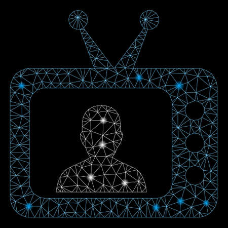 Glowing mesh TV speaker with sparkle effect. Abstract illuminated model of TV speaker icon. Shiny wire frame triangular network TV speaker. Vector abstraction on a black background.のイラスト素材