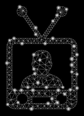 Glowing mesh TV news with glow effect. Abstract illuminated model of TV news icon. Shiny wire carcass polygonal mesh TV news. Vector abstraction on a black background.のイラスト素材
