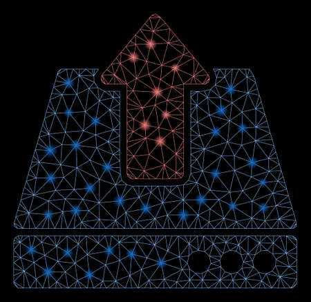 Glowing mesh upload with glitter effect. Abstract illuminated model of upload icon. Shiny wire frame triangular network upload. Vector abstraction on a black background.のイラスト素材