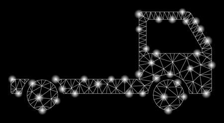 Glossy mesh truck chassis with glitter effect. Abstract illuminated model of truck chassis icon. Shiny wire carcass polygonal mesh truck chassis. Vector abstraction on a black background.のイラスト素材