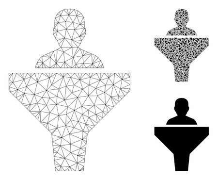 Mesh sales funnel model with triangle mosaic icon. Wire frame polygonal mesh of sales funnel. Vector mosaic of triangle parts in various sizes, and color tints. Abstract flat mesh sales funnel,のイラスト素材