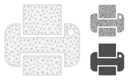Mesh printer model with triangle mosaic icon. Wire carcass polygonal mesh of printer. Vector mosaic of triangle elements in different sizes, and color tones. Abstract flat mesh printer,のイラスト素材