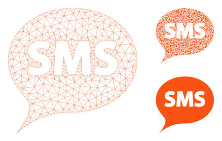 Mesh SMS model with triangle mosaic icon. Wire carcass triangular mesh of SMS. Vector mosaic of triangle elements in variable sizes, and color hues. Abstract 2d mesh SMS, designed with polygonal grid.のイラスト素材
