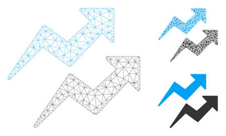 Mesh trends arrows model with triangle mosaic icon. Wire frame triangular mesh of trends arrows. Vector mosaic of triangle elements in different sizes, and color tints.のイラスト素材