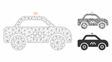 Mesh taxi car model with triangle mosaic icon. Wire carcass polygonal mesh of taxi car. Vector mosaic of triangle elements in different sizes, and color hues. Abstract flat mesh taxi car,のイラスト素材