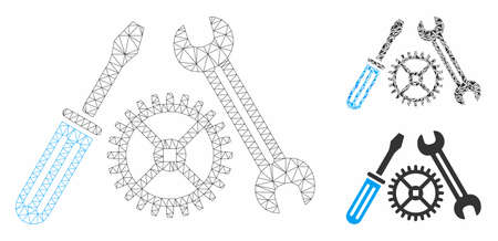 Mesh tuning service model with triangle mosaic icon. Wire frame polygonal mesh of tuning service. Vector mosaic of triangle elements in variable sizes, and color tinges.のイラスト素材