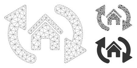 Mesh update house model with triangle mosaic icon. Wire carcass polygonal mesh of update house. Vector mosaic of triangle parts in different sizes, and color tinges. Abstract 2d mesh update house,のイラスト素材