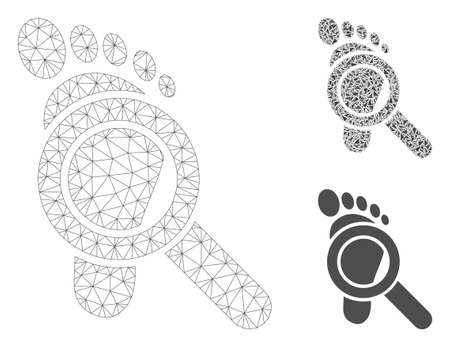 Mesh trace detective model with triangle mosaic icon. Wire frame triangular mesh of trace detective. Vector mosaic of triangle parts in different sizes, and color tones.のイラスト素材