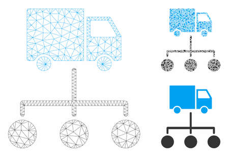 Mesh truck distribution links model with triangle mosaic icon. Wire carcass polygonal mesh of truck distribution links. Vector mosaic of triangle parts in various sizes, and color tones.のイラスト素材