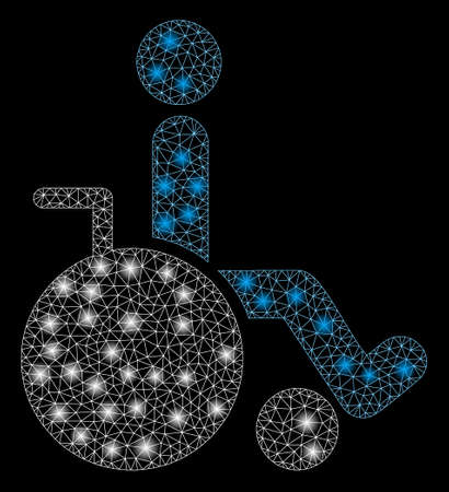 Glowing mesh wheelchair with glow effect. Abstract illuminated model of wheelchair icon. Shiny wire frame polygonal mesh wheelchair. Vector abstraction on a black background.のイラスト素材