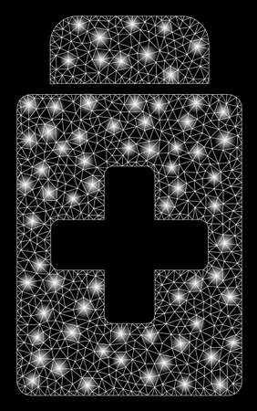 Flare mesh treatment vial with lightspot effect. Abstract illuminated model of treatment vial icon. Shiny wire frame triangular network treatment vial. Vector abstraction on a black background.のイラスト素材