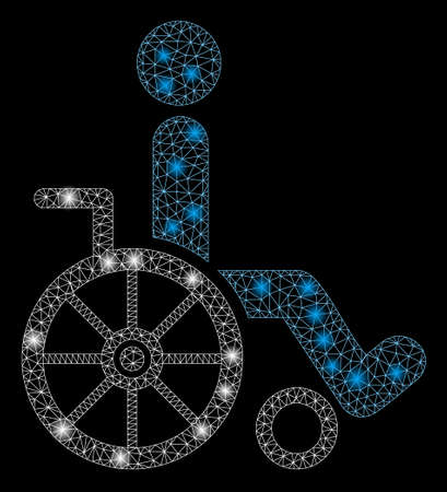 Glowing mesh wheelchair with glitter effect. Abstract illuminated model of wheelchair icon. Shiny wire carcass triangular mesh wheelchair. Vector abstraction on a black background.のイラスト素材