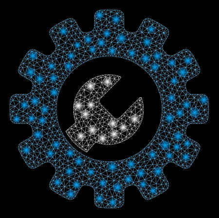 Glossy mesh service tools with glare effect. Abstract illuminated model of service tools icon. Shiny wire frame polygonal mesh service tools. Vector abstraction on a black background.のイラスト素材
