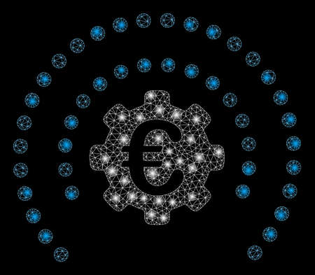 Glowing mesh Euro industrial insurance with sparkle effect. Abstract illuminated model of Euro industrial insurance icon. Shiny wire frame polygonal mesh Euro industrial insurance.のイラスト素材
