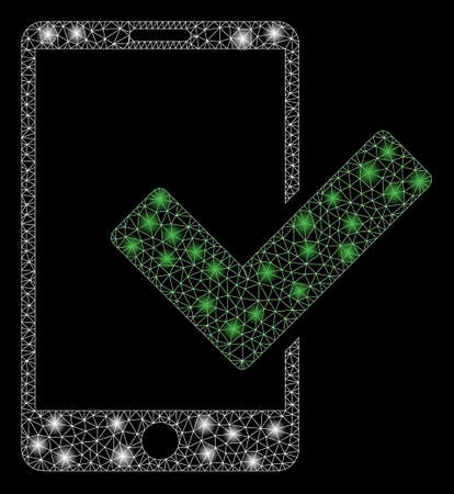 Glossy mesh valid smartphone with sparkle effect. Abstract illuminated model of valid smartphone icon. Shiny wire carcass triangular mesh valid smartphone. Vector abstraction on a black background.のイラスト素材