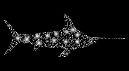 Flare mesh sword fish with glitter effect. Abstract illuminated model of sword fish icon. Shiny wire carcass triangular mesh sword fish. Vector abstraction on a black background.のイラスト素材