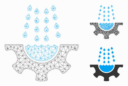 Mesh water shower service gear model with triangle mosaic icon. Wire frame polygonal mesh of water shower service gear. Vector mosaic of triangle elements in different sizes, and color tints.のイラスト素材