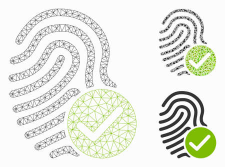 Mesh valid fingerprint model with triangle mosaic icon. Wire carcass triangular network of valid fingerprint. Vector mosaic of triangle parts in different sizes, and color shades.のイラスト素材
