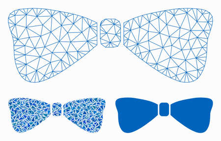 Mesh bow tie model with triangle mosaic icon. Wire frame triangular mesh of bow tie. Vector mosaic of triangles in different sizes, and color hues. Abstract 2d mesh bow tie,のイラスト素材