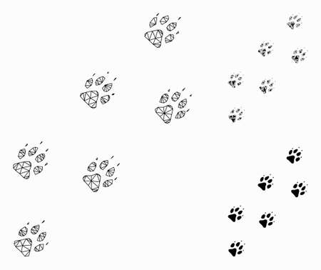 Mesh wolf track model with triangle mosaic icon. Wire frame polygonal mesh of wolf track. Vector collage of triangle parts in different sizes, and color tones. Abstract flat mesh wolf track,のイラスト素材