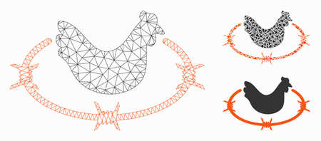 Mesh chicken farm model with triangle mosaic icon. Wire frame polygonal mesh of chicken farm. Vector mosaic of triangle parts in different sizes, and color tints. Abstract 2d mesh chicken farm,のイラスト素材